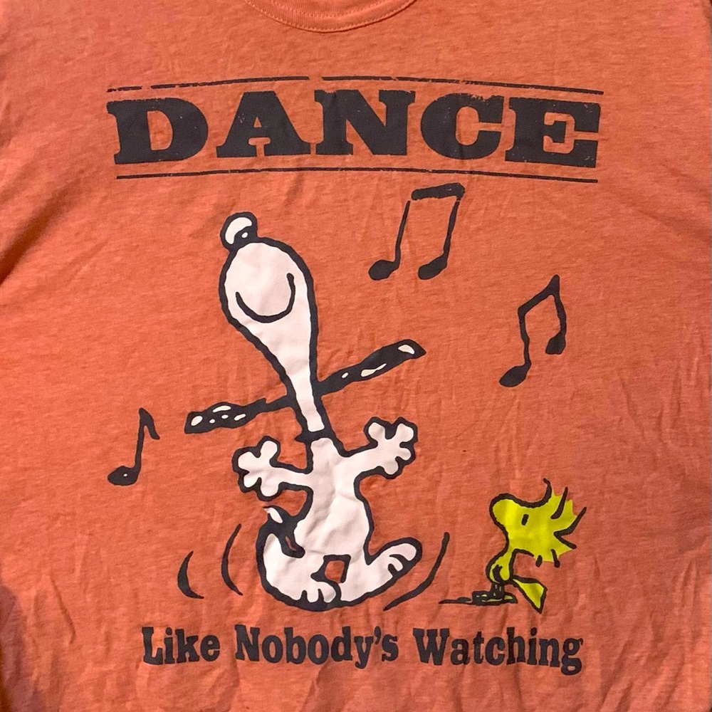 Peanuts Shirt stretchy size 4-6 peachy color “Dance Like Nobody’s Watching”